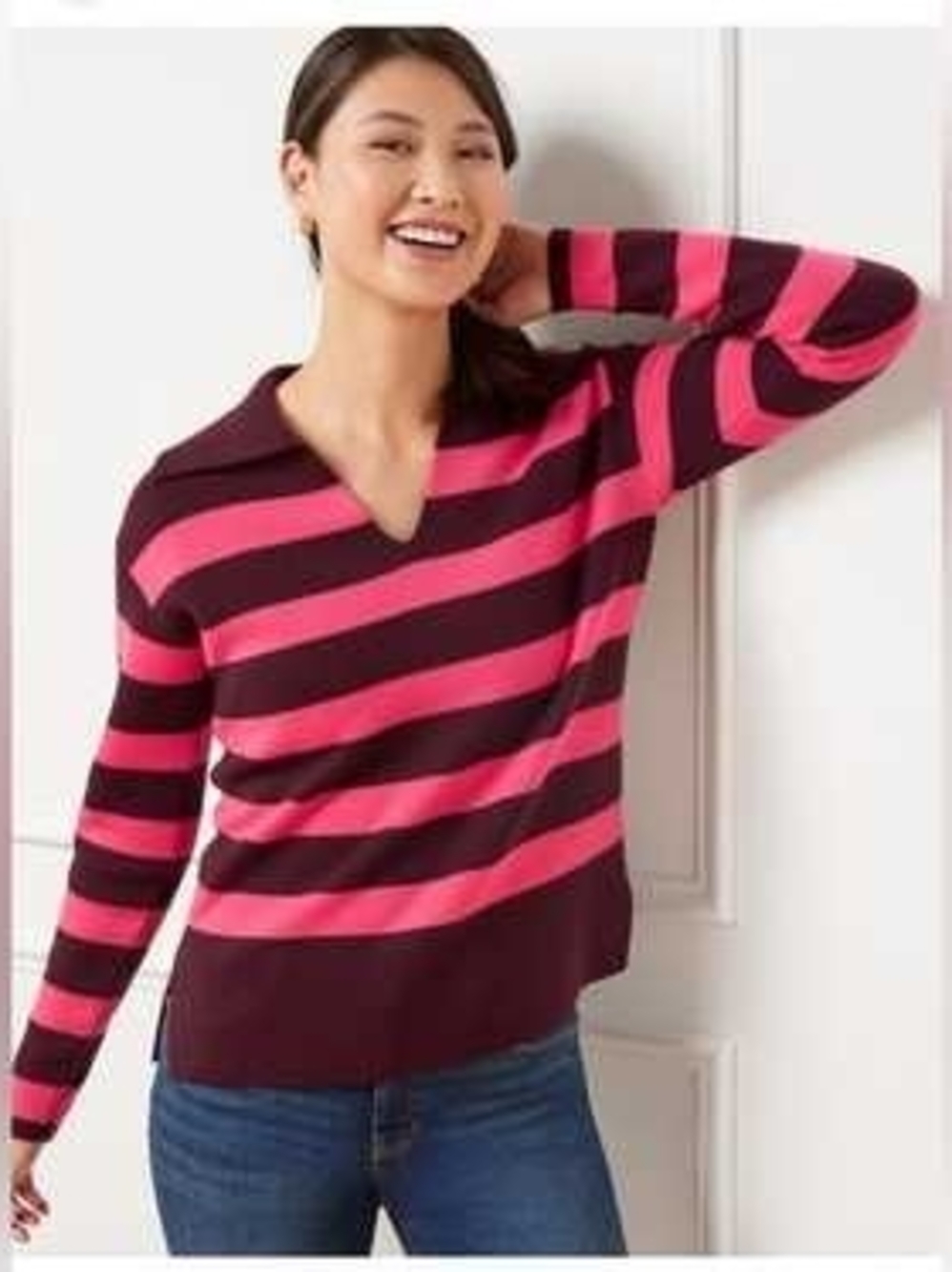 Talbots Wool Blend Striped V-Neck Sweater  Pink Burgundy Size M Preppy Yacht